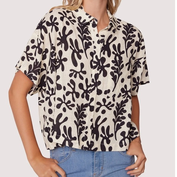 Lost + Wander Linen blend Minerva’s Spell Boxy Fit Short Sleeve Top Large - Picture 1 of 8